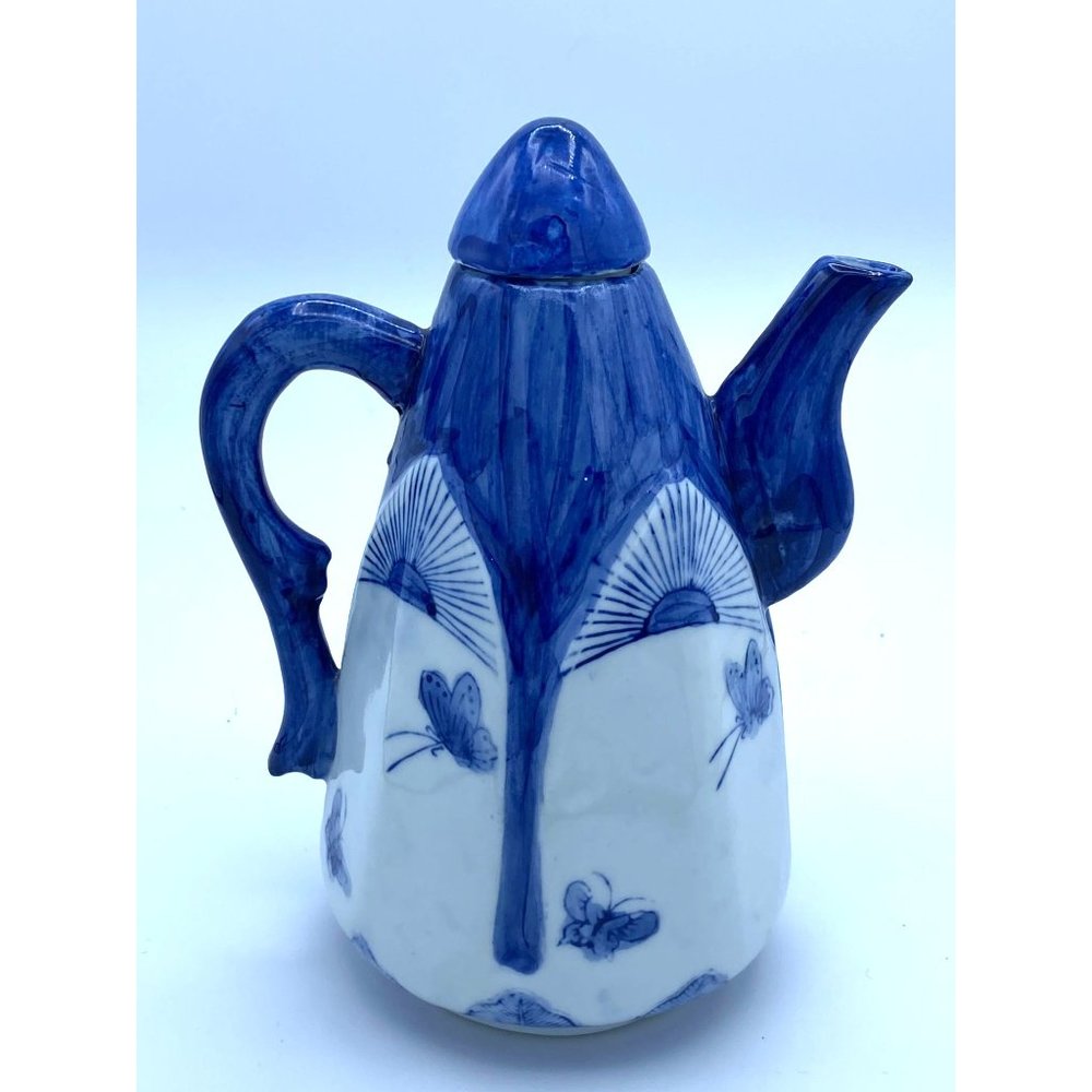 Unique Blue and White Japanese Tea Pot with Butterflies and Sunrises